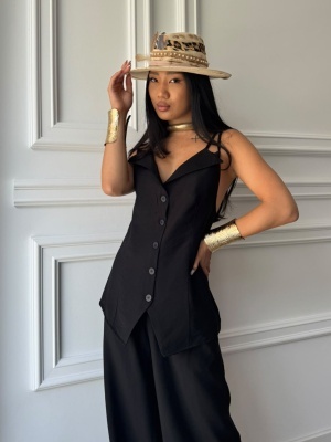 Compleu MELISSA, negru, top cu bretele și pantaloni palazzo, cu croială fluidă - Img 4