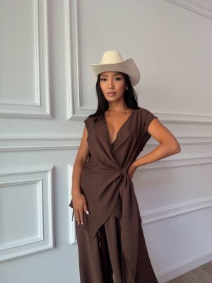 Compleu NADINE, ciocolatiu, elegant, cu bluză petrecută și pantaloni palazzo - Img 2