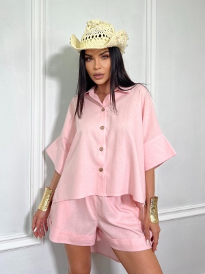 Compleu scurt, din in, 2 piese, camasa tip oversize ANTONELLA roz