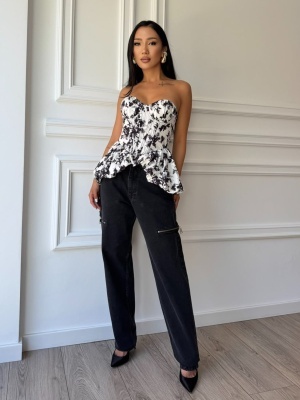 Corset AZALEA, alb cu negru, cu imprimeu floral și buline, cupe structurate și croială peplum - Img 2