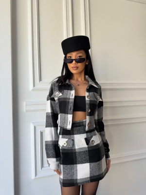 Costum 2 piese, fustă și sacou, ANTHEA carouri mari alb-negru