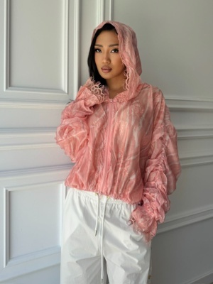 Jachetă SALMA, subțire, de vară, roz somon, cu dantelă și design vaporos - Img 2