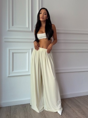 Pantaloni MANON, crem, cu croială foarte amplă și talie elastică