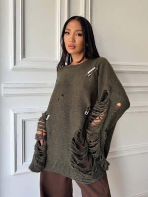 Pulover EVELINA tricotat cu efect distressed, verde-kaki, croială oversized și detalii decorative - Img 2