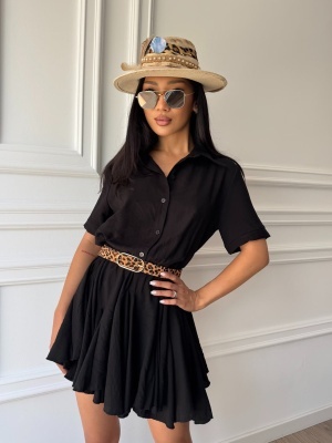 Rochie HELENA, neagră, cu croială lejeră, talie evidențiată și fustă amplă