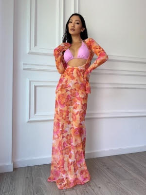 Rochie MOANA, maxi cu imprimeu floral tropical și decupaj frontal