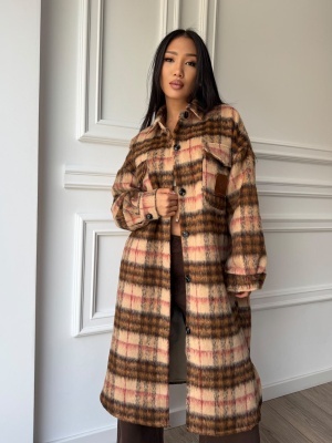 Trench VIVIANA în carouri, bej maro, cu croială lungă și design oversized