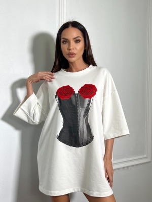 Tricou cu imprimeu ROSE, tip oversize alb-negru