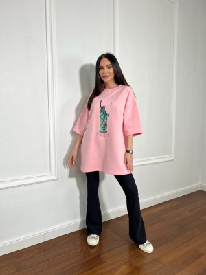 Tricou cu imprimeu tip oversize PARIS roz - Img 2