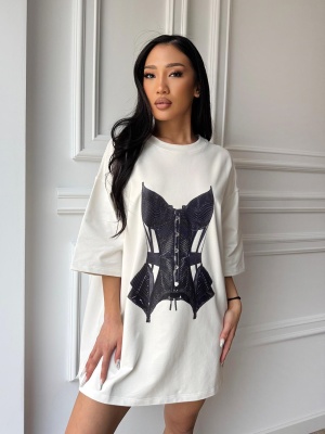Tricou tip rochie oversized SYNTHIA, cu print corset, super statement, sexy-cool