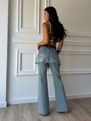 Blugi DENICE, albaștri, cu talie înaltă și croială wide leg, cu suprapunere asimetrică tip fustă - Img 3