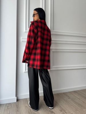 Cămașă casual ONDARA, cu mâneci lungi, ușor oversized, negru-rosu în carouri - Img 4