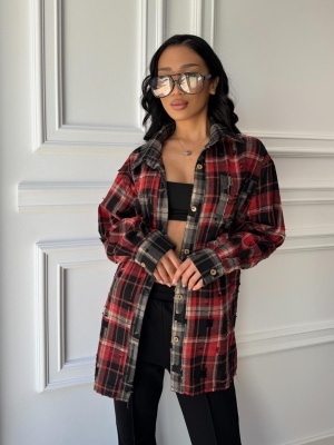 Cămașa ELISE, tip oversized carouri roșu-negru, look urban-chic