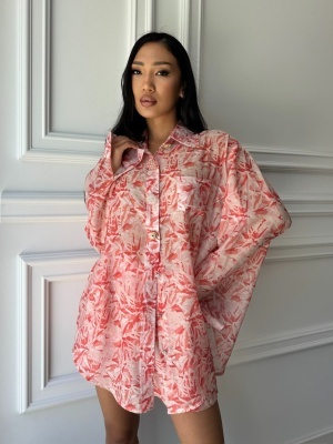 Cămașă tip rochie SORELLE, roz coral, cu imprimeu abstract și croială oversized