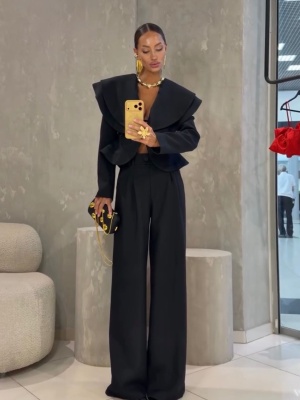 Compleu AMBRA, negru, elegant, cu sacou statement și pantaloni palazzo - Img 2