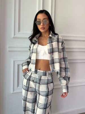 Compleu casual CARMEL, cămașă scurtă și pantaloni largi în carouri alb-crem cu negru - Img 5