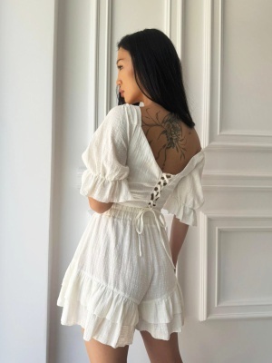 Compleu din muselină PURE ROMANCE, top cu mâneci bufante și fustă-pantalon - Img 2