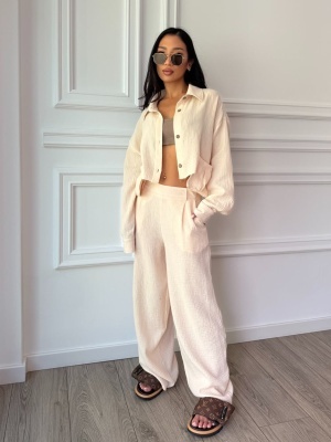 Compleu din muselină SANTORINI LOVE, cămașă scurtă și pantaloni largi bej vanilie