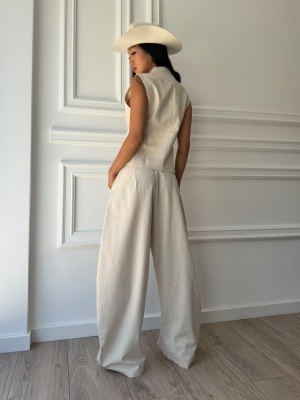 Compleu DORA, bej, cu vestă fără mâneci și pantaloni cu croială amplă - Img 2