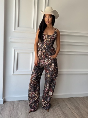 Compleu ISABELLA, cu imprimeu paisley, top cambrat și pantaloni palazzo cu croială elegantă