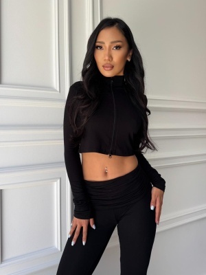 Compleu KAIA, negru, din vâscoză cu bumbac și elastan, cu top cropped și pantaloni evazați - Img 2