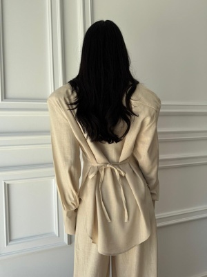 Compleu KALYSSA din material fluid, 2 piese, cămașă și pantaloni tip oversized crem - Img 5
