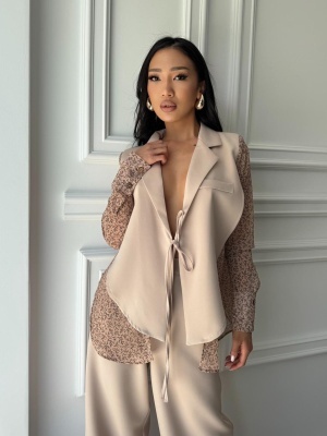 Compleu lung, 2 piese, cămașă și pantaloni tip oversize AURORA FLOW bej - Img 5