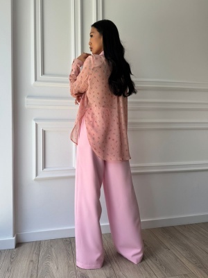 Compleu lung, 2 piese, cămașă și pantaloni tip oversize ROSE BLOOM roz - Img 2