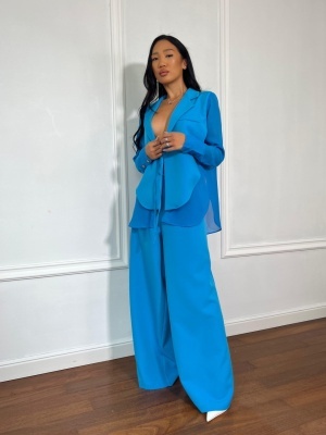 Compleu lung, 2 piese, cămașă și pantaloni tip oversize SUNSHINE FLOW albastru electric - Img 2