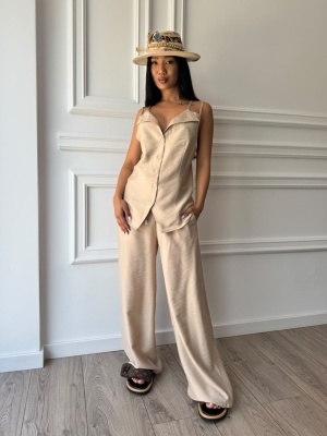 Compleu MELISSA, bej, top cu bretele și pantaloni palazzo, cu croială fluidă