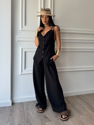 Compleu MELISSA, negru, top cu bretele și pantaloni palazzo, cu croială fluidă