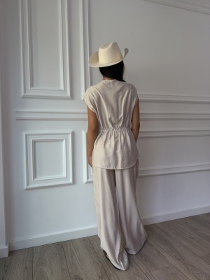 Compleu NADINE, crem, elegant, cu bluză petrecută și pantaloni palazzo - Img 3