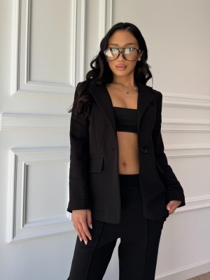 Compleu negru VIVIAN, din bumbac premium, sacou elegant și pantaloni evazați - Img 4