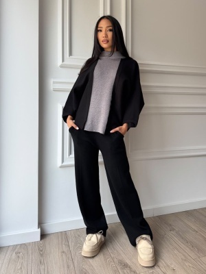 Compleu PATRICIA din două piese, negru, cu cardigan cu mâneci ample și pantaloni lungi