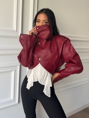 Geacă SORAYA din piele ecologică, bordo, croială oversized și guler înalt