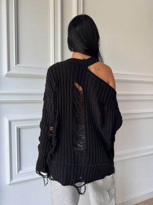 Pulover AMELINE tricotat cu efect distressed, negru, croială oversized și design asimetric - Img 2