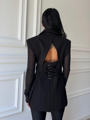 Sacou ANTONINA, elegant, negru, cu croială cambrată și detalii din tulle transparent