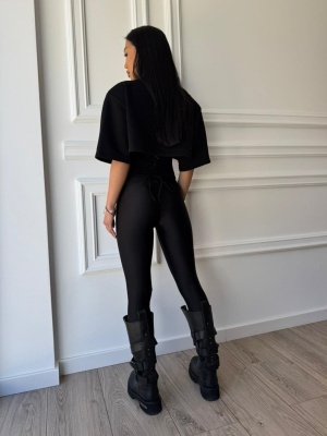 Tricou chic BRIGITA, negru, croială asimetrică și talie evidențiată, cu șnur reglabil la spate - Img 4