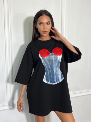 Tricou cu imprimeu ROSE, tip oversize negru