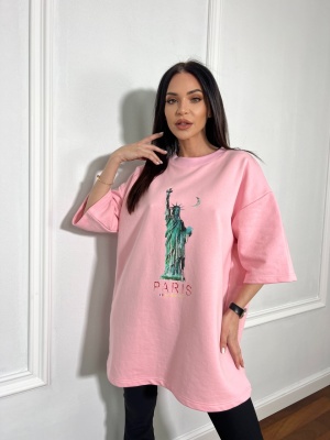 Tricou cu imprimeu tip oversize PARIS roz