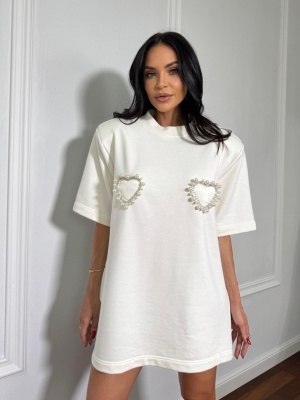 Tricou tip rochie, cu umeri structurați și accesorii ELIA alb