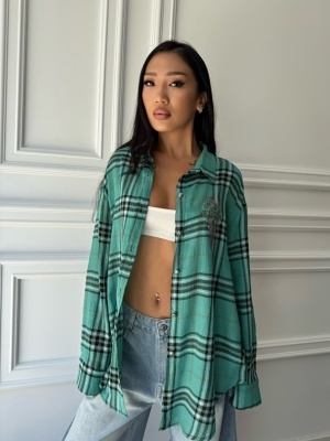 Cămașă casual ALIONA, cu mâneci lungi, ușor oversized, turcoaz în carouri - Img 1