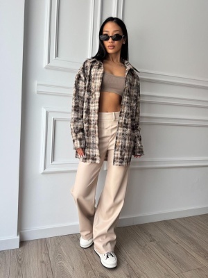 Cămașă casual AMELIA, cu mâneci lungi, ușor oversized, maro-bej în carouri - Img 3