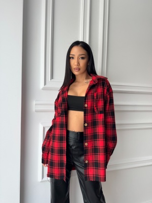Cămașă casual CARINE, cu mâneci lungi, oversized rosu-negru