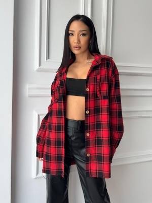 Cămașă casual ONDARA, cu mâneci lungi, ușor oversized, negru-rosu în carouri