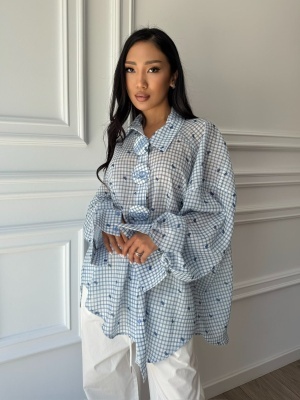 Cămașă GISELE, bleu, cu imprimeu multicolor și croială oversized