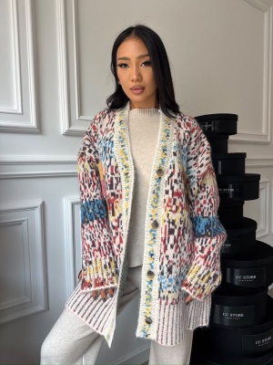 Cardigan MAXINE, alb, cu imprimeu multicolor și croială oversized