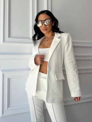 Compleu alb VIVIAN, din bumbac premium, sacou elegant și pantaloni evazați - Img 3