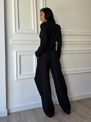 Compleu ARIANNA din stofă, două piese, negru intens, sacou cambrat și pantaloni largi - Img 2