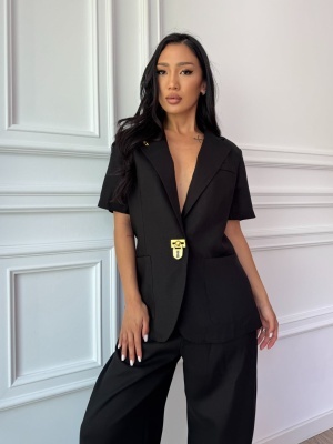 Compleu BLACK PEARL, din in, cu sacou cu mânecă scurtă și pantaloni largi - Img 3